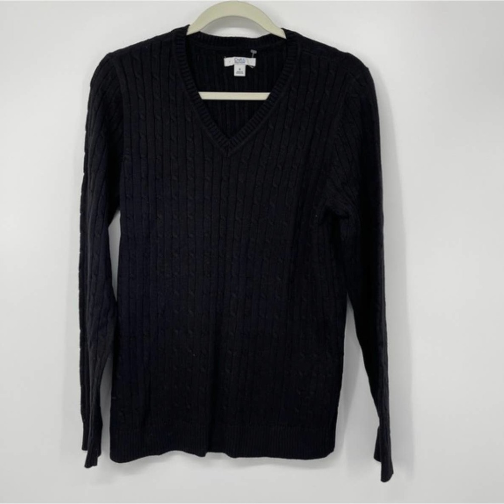 CROFT & BARROW BLACK BRAIDED DESIGN V-NECK CLASSIC CHIC SWEATER SMALL